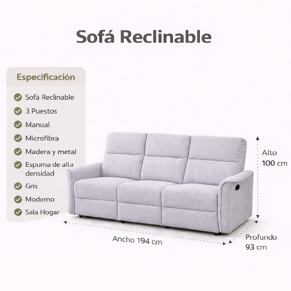 Sofa 3 Puestos Reclinable Tela Gris Claro Tacito