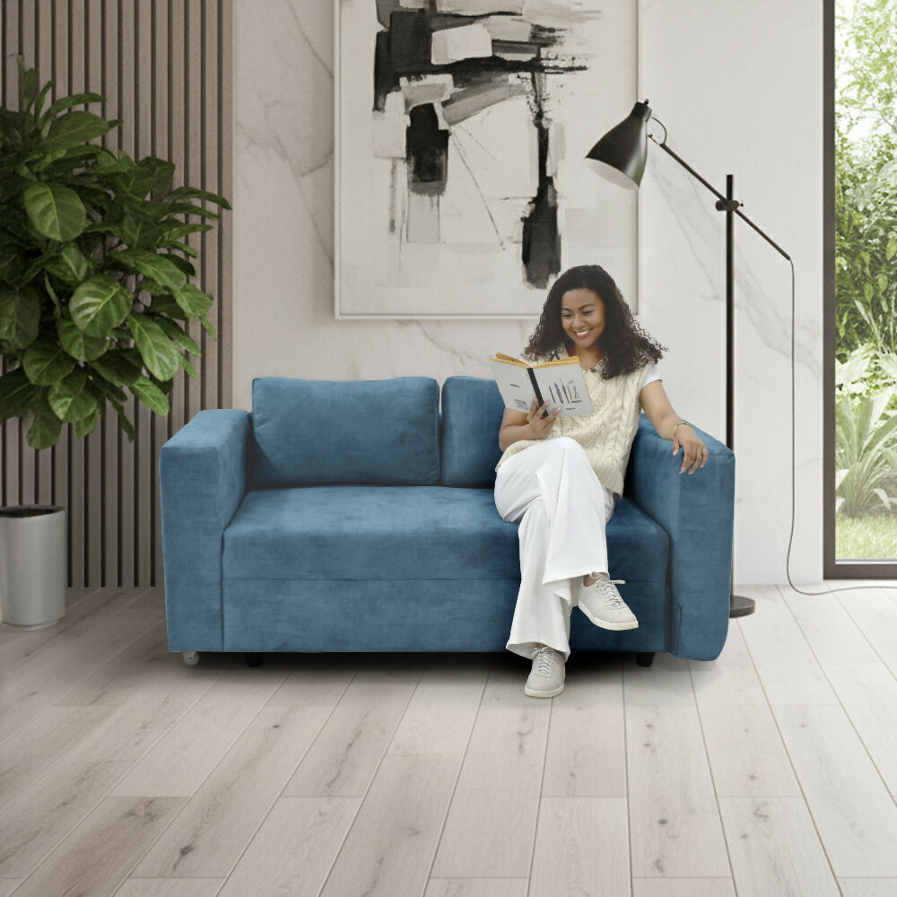 Sofa Cama Baxter 160x80x68 Con Baul Tela Azul