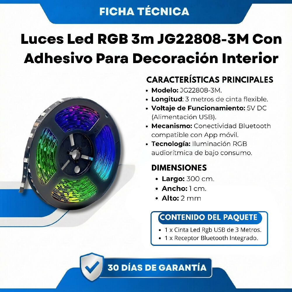 Luces Led RGB 3m JG22808 3M Con Adhesivo Para Decoración Interior