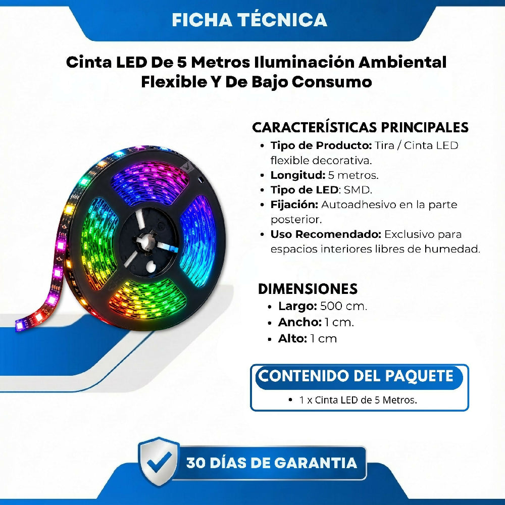 Cinta LED De 5 Metros Iluminación Ambiental Flexible Y De Bajo Consumo