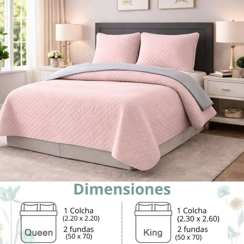 Colcha semidoble doble faz gris rosado