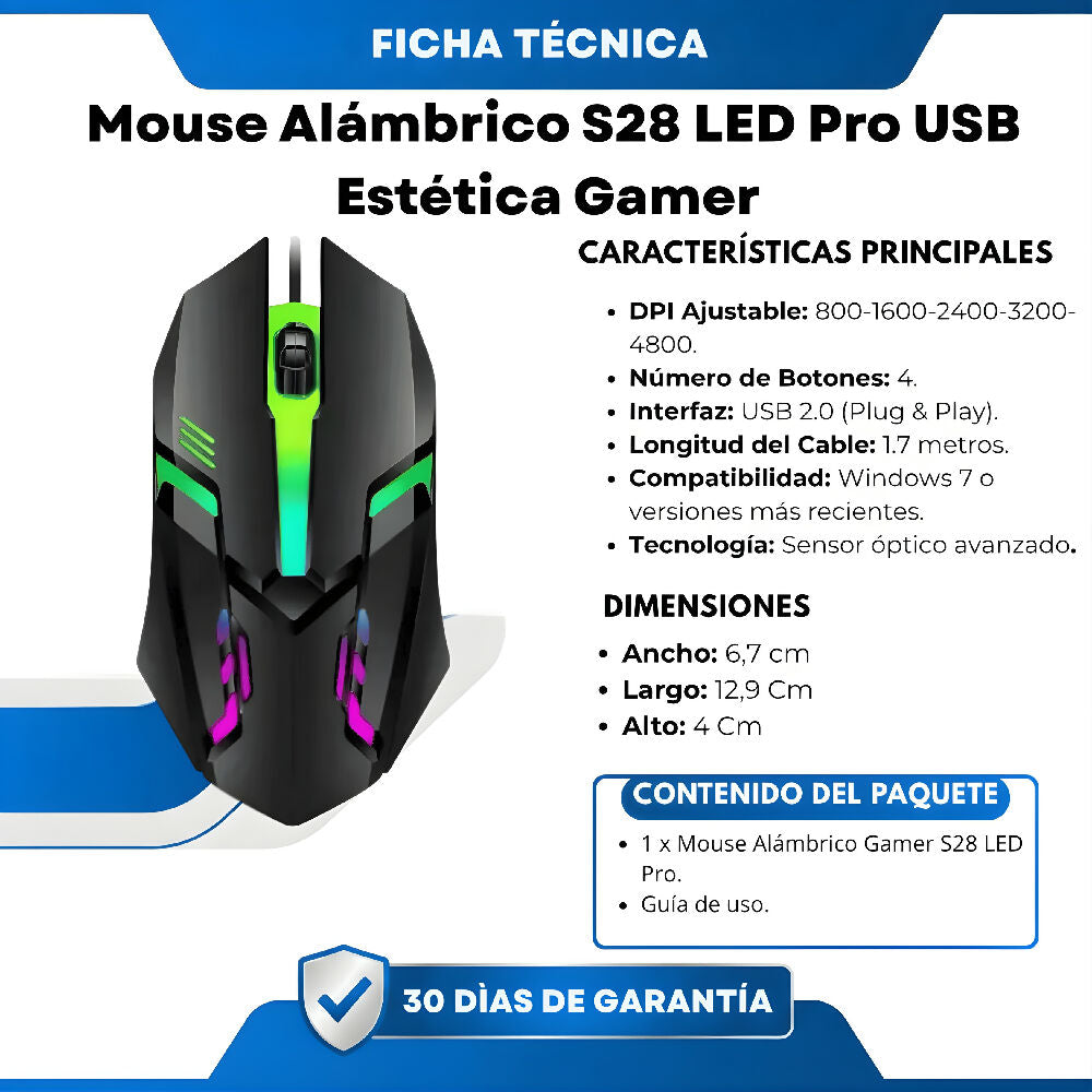 Mouse Alámbrico S28 LED Pro USB Estética Gamer