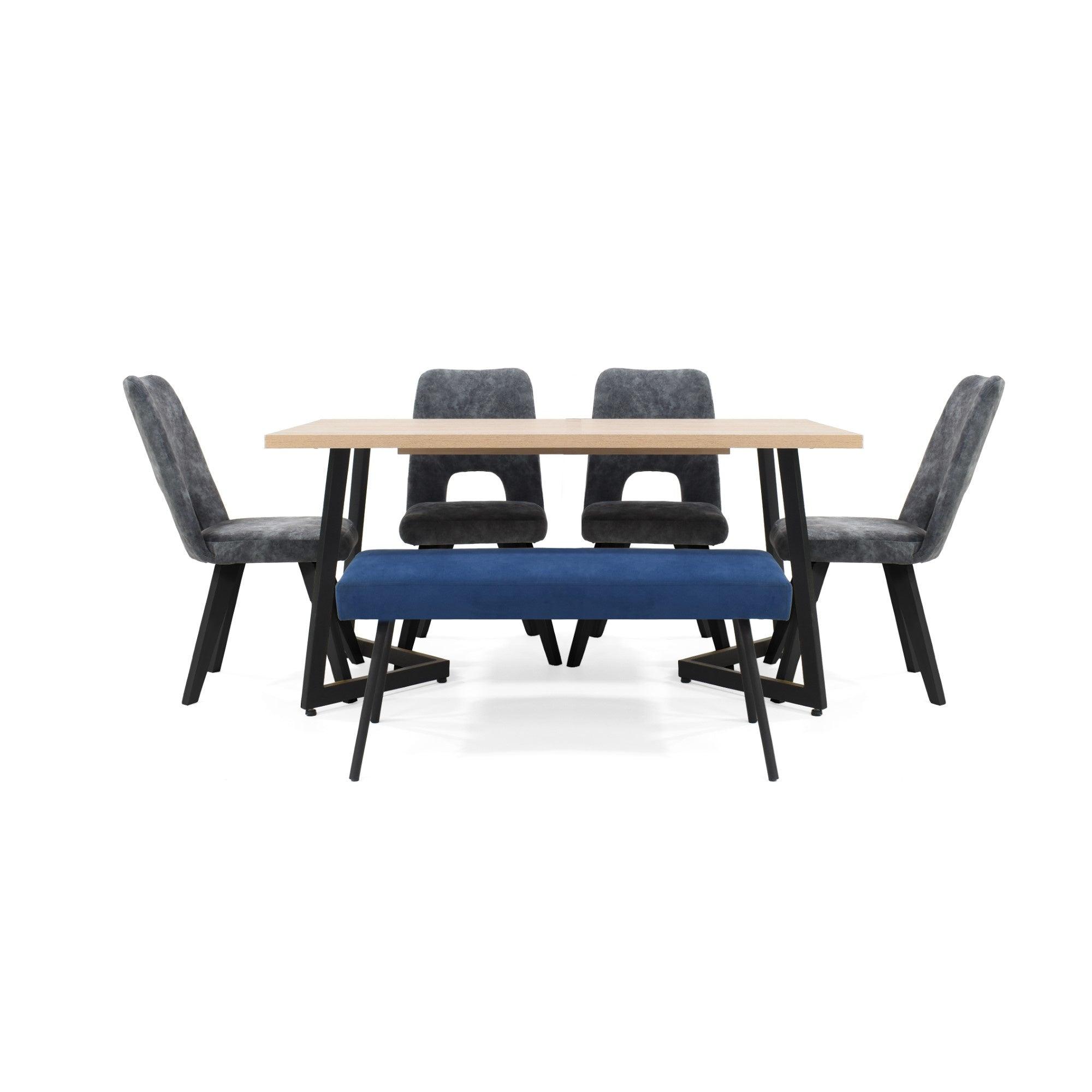 Comedor Rio 6 Puestos Sillas Leira y Butaco Tela Gris Azul