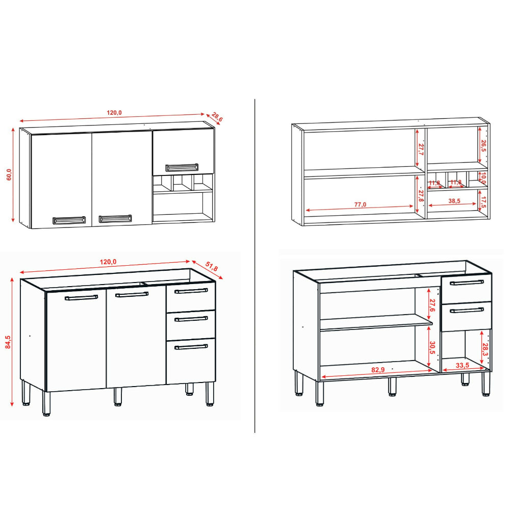 Cocina 120cm Lirio 6 puertas 2 cajones - Natural/blanco