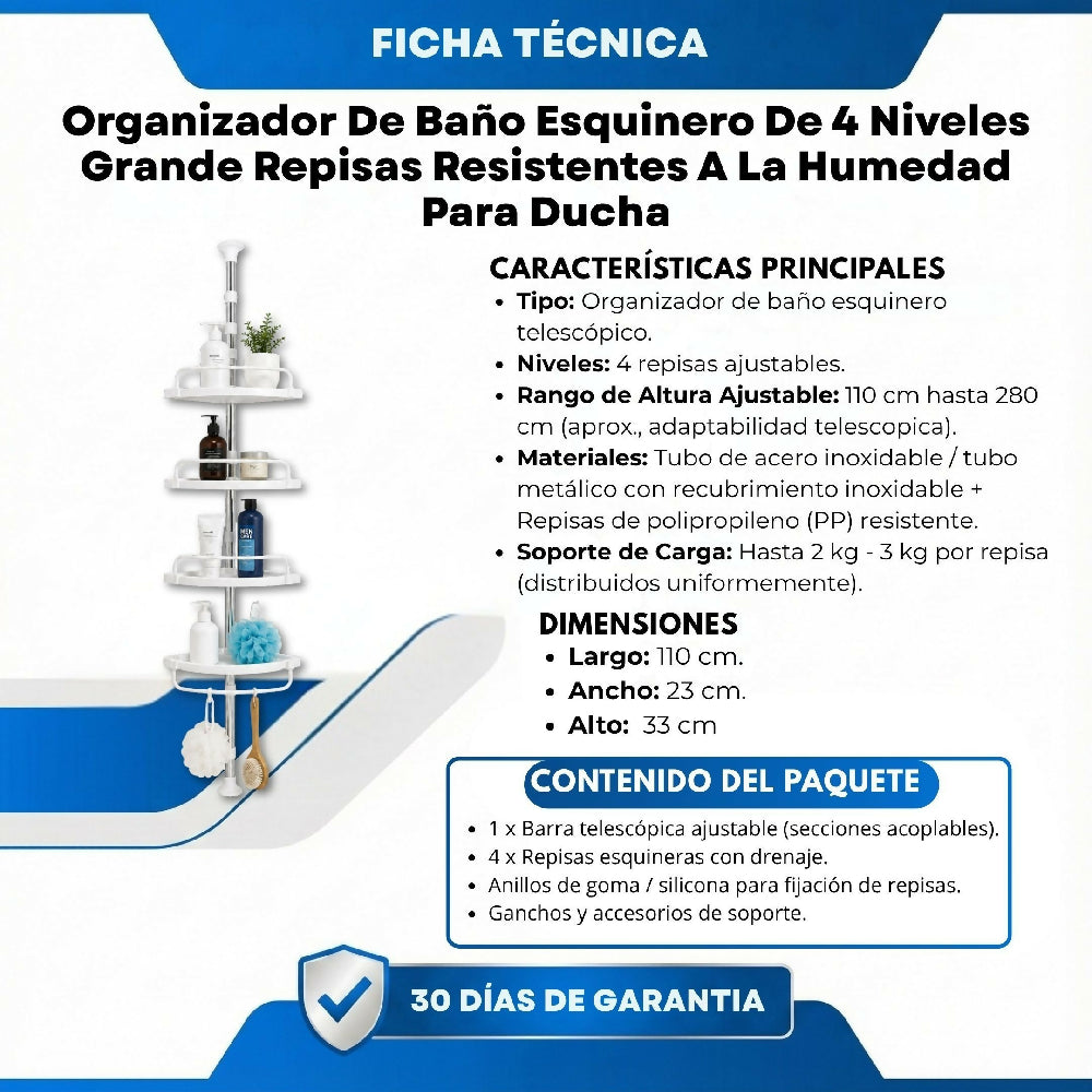 Organizador De Baño Esquinero De 4 Niveles Grande Repisas Resistentes A La Humedad Para Ducha