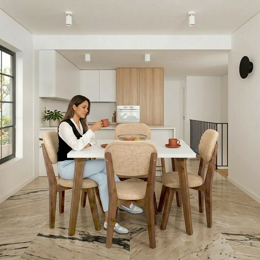 Set de Comedor Lugo Matiz con 4 Sillas de Comedor Adela Tela Beige
