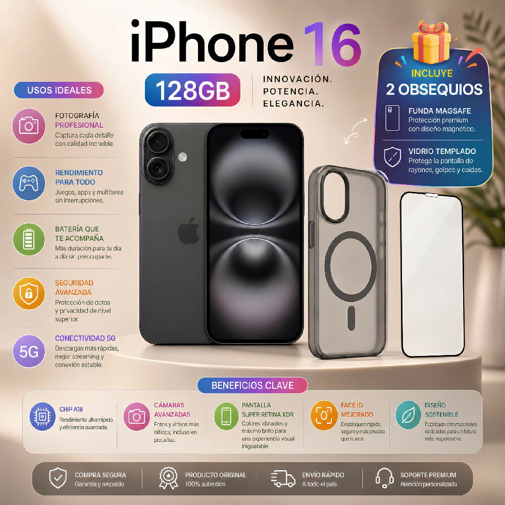 Celular Apple IPhone 16 5G 128gb 8gb RAM + Obsequio Vidrio Templado Y Forro Negro