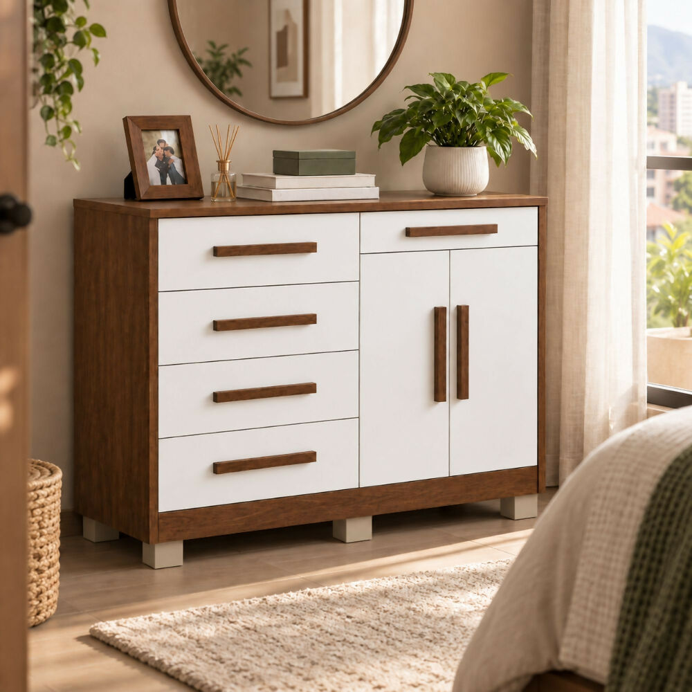 Cómoda 5 cajones 2 puertas Ginesta - Marrón/Blanco apagado