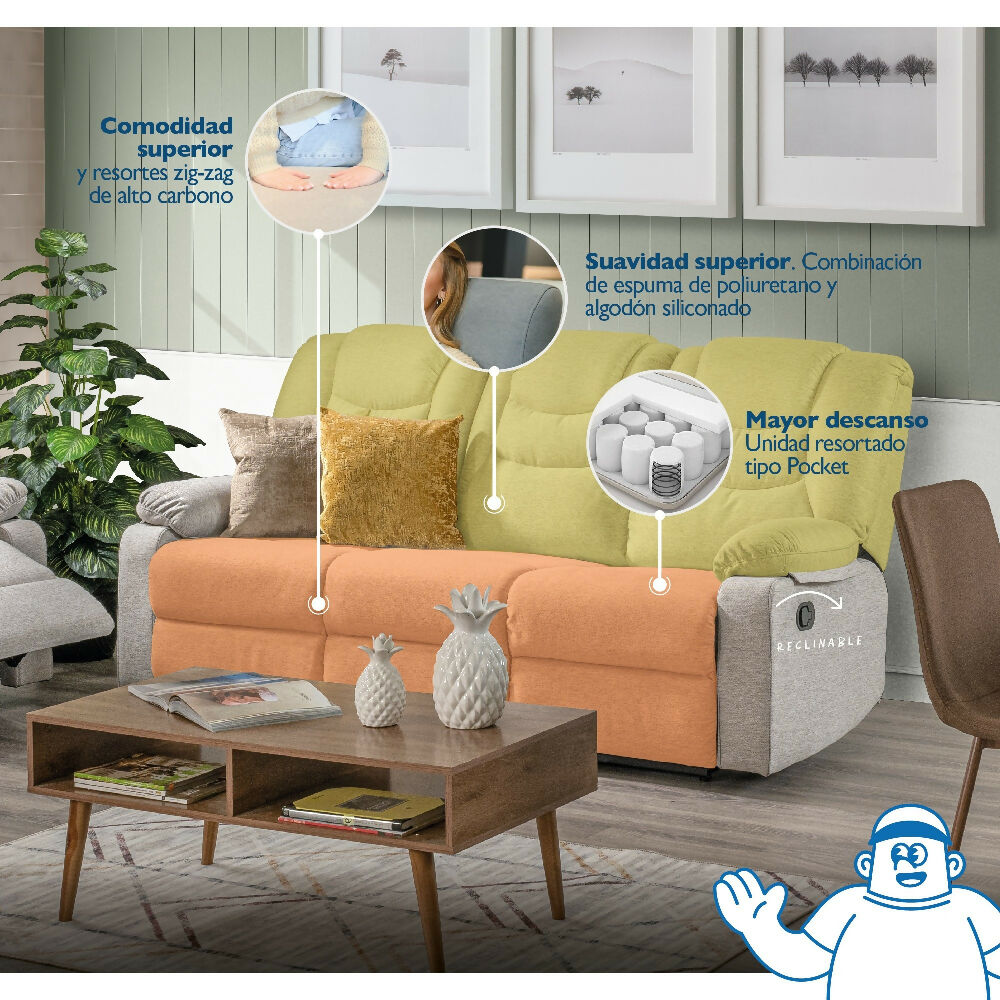 Sofa Reclinable 3 Puestos Beige Kakerin Microfibra