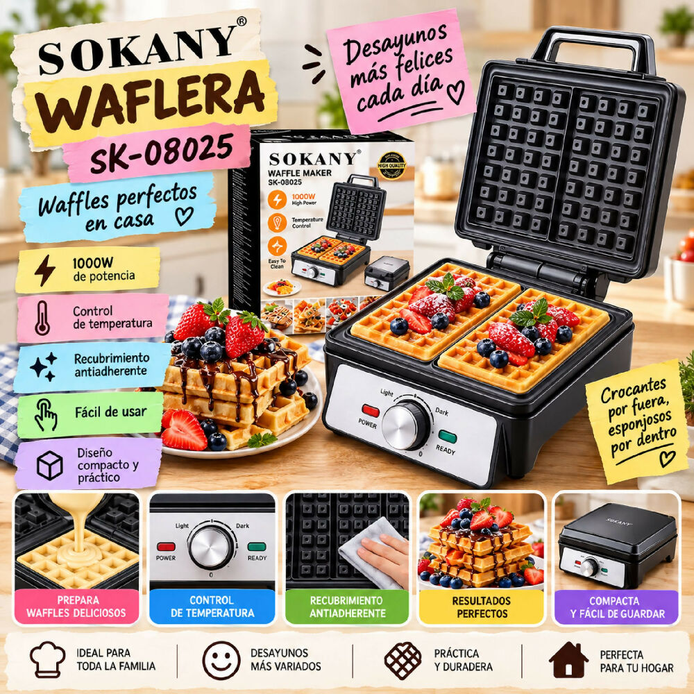Waflera Eléctrica Doble Sokany SK 08025 Control De Temperatura Y Calentamiento Uniforme