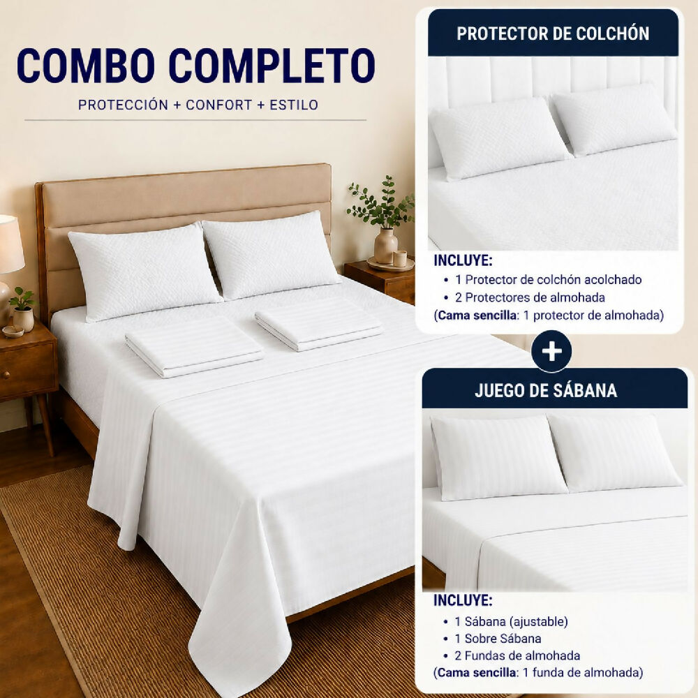 Combo protector colchon + Juego de sábanas king blanco