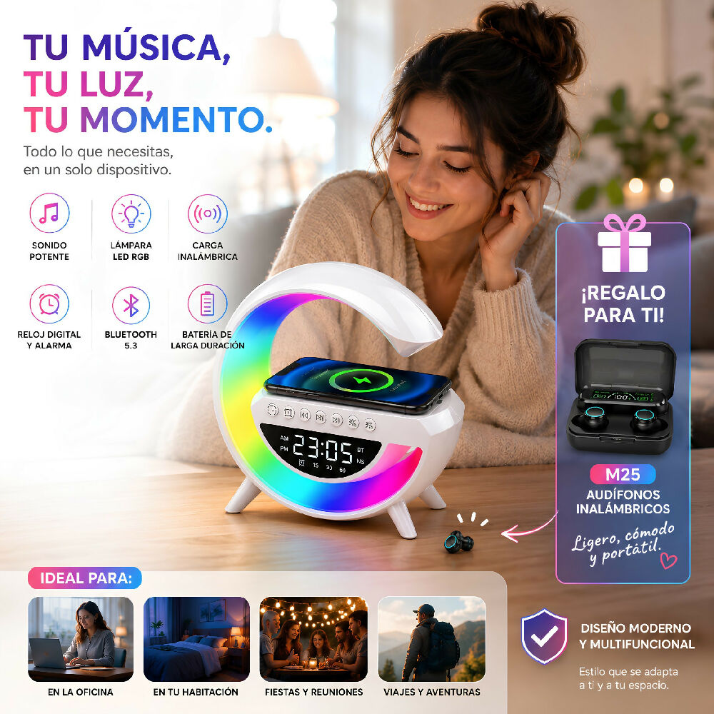 Parlante Bluetooth Lámpara En G Con Carga + Obsequio Audífonos M25