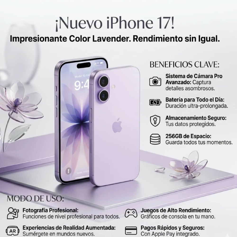Celular Smartphone iPhone 17 256GB Almacenamiento Solo E-Sim Conectividad 5G Ultra Rosado