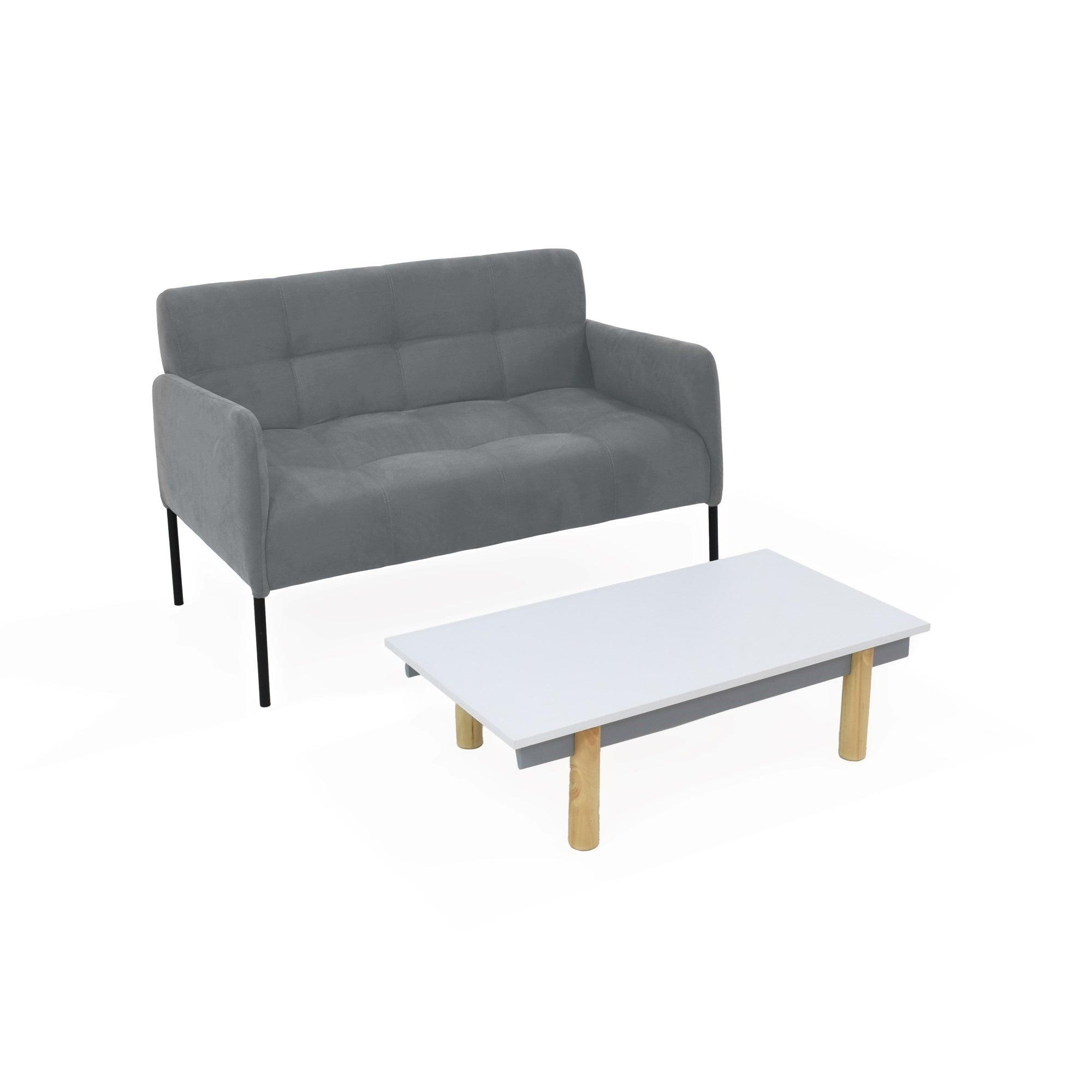 Sofa Olivia 2 Puestos Tela Gris y Mesa de Centro Habana Blanco