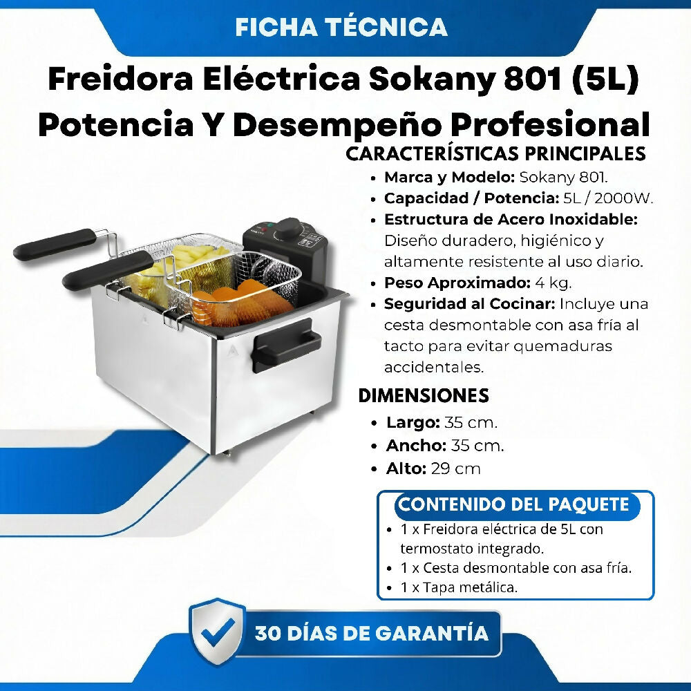Freidora Eléctrica Aceite Domestica 5Litros Acero Inoxidable