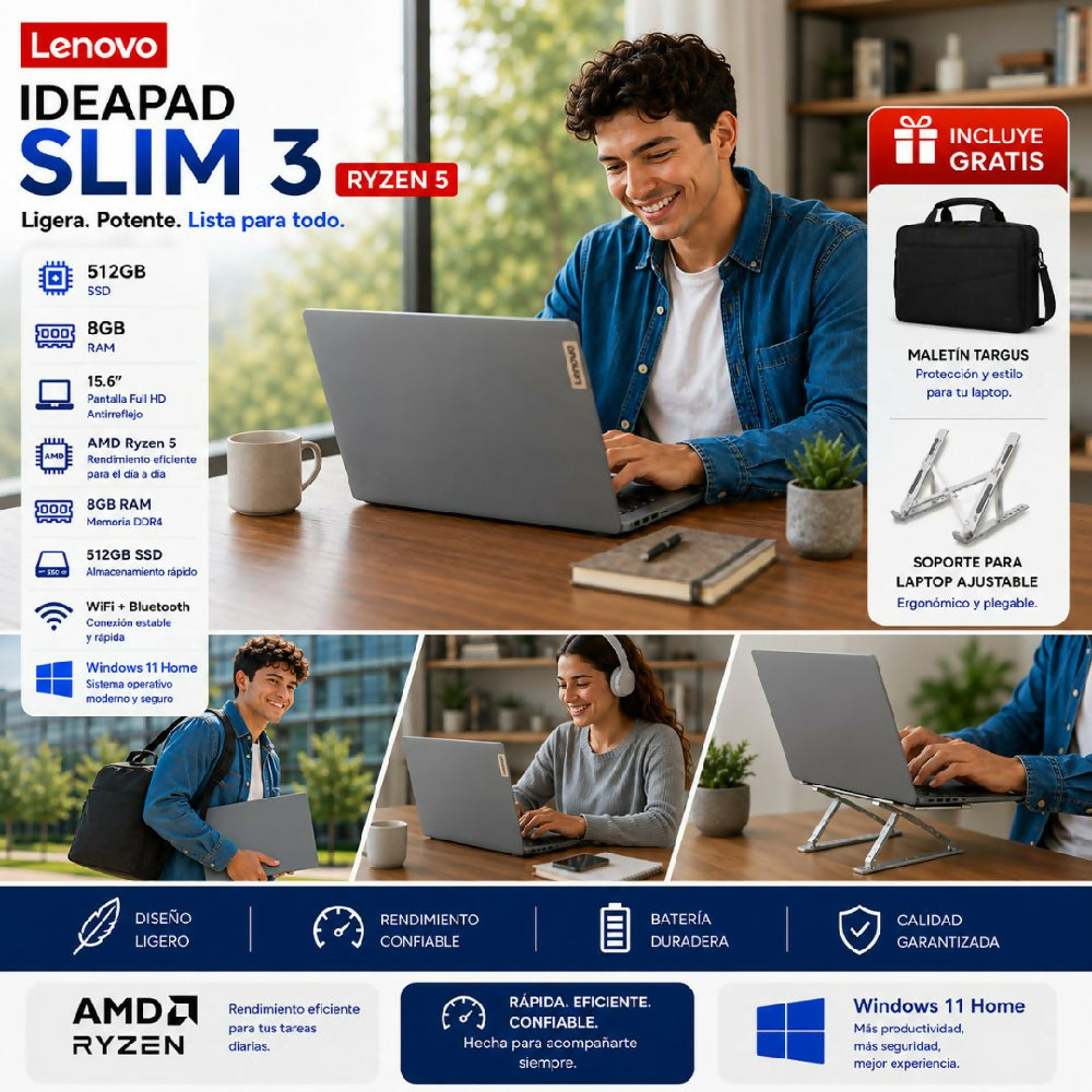 Computador Lenovo IdeaPad Slim 3 Ryzen 5 8gb Ram Win 11 Home Con Obsequio