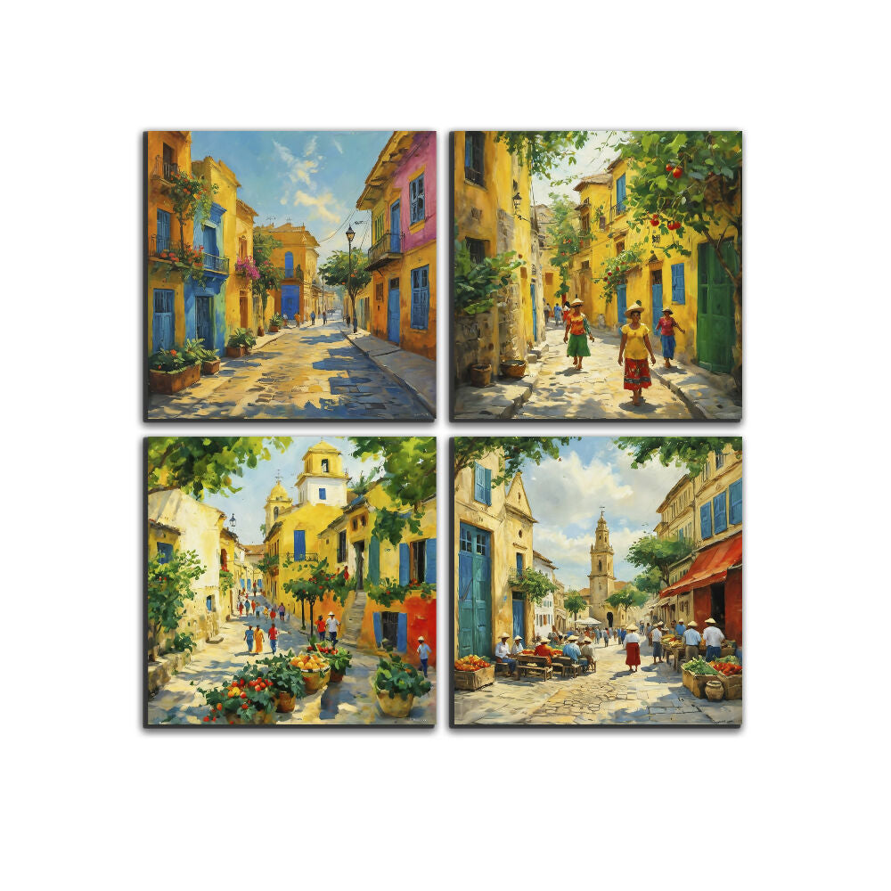 Lienzo Cuadros Colores de mi Tierra Pueblitos Set X 4 DE 43X43CM c/u