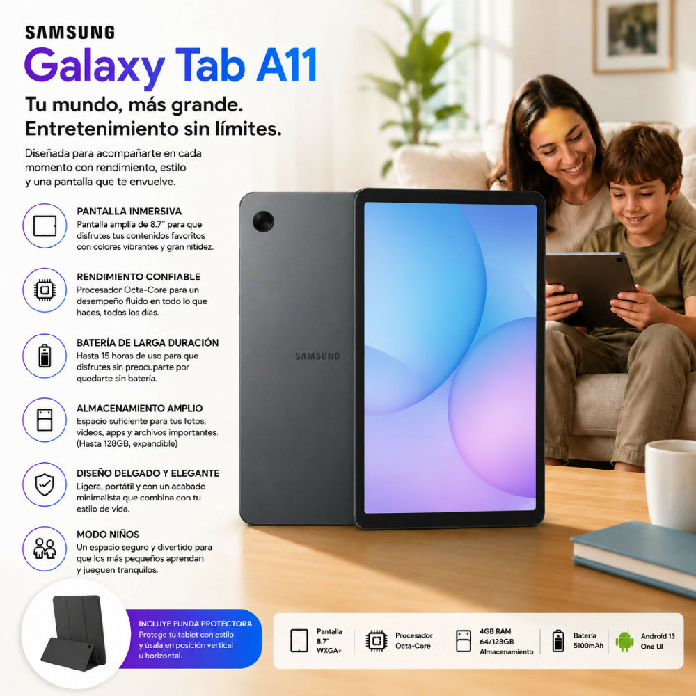 Tablet Samsung Galaxy Tab A11+ Wi-Fi 11 Pulgadas 256GB Almacenamiento 8GB RAM Negro