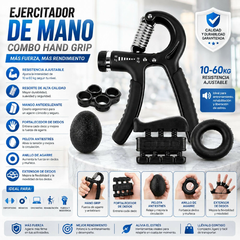 Kit Ejercitador De Mano Combo Hand Grip Fortalece Agarre Y Antebrazo