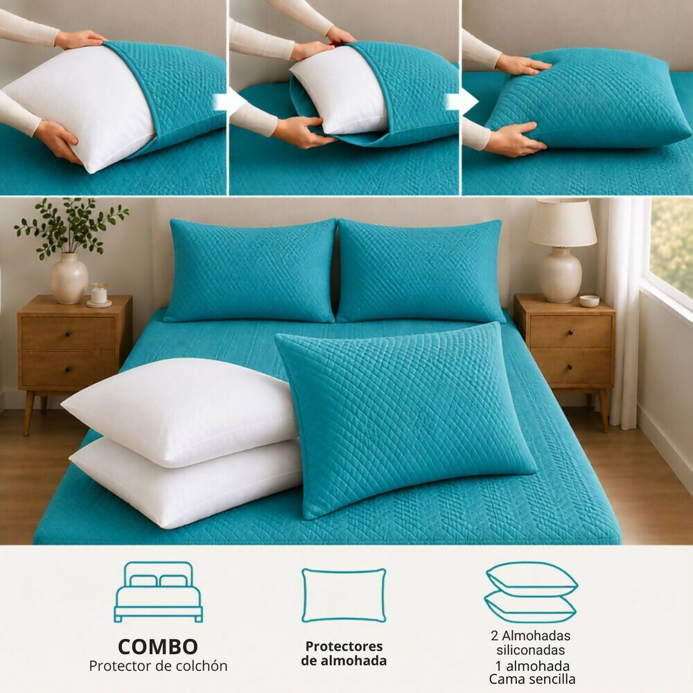 Combo protector colchon + 2 almohadas siliconadas semidoble turquesa