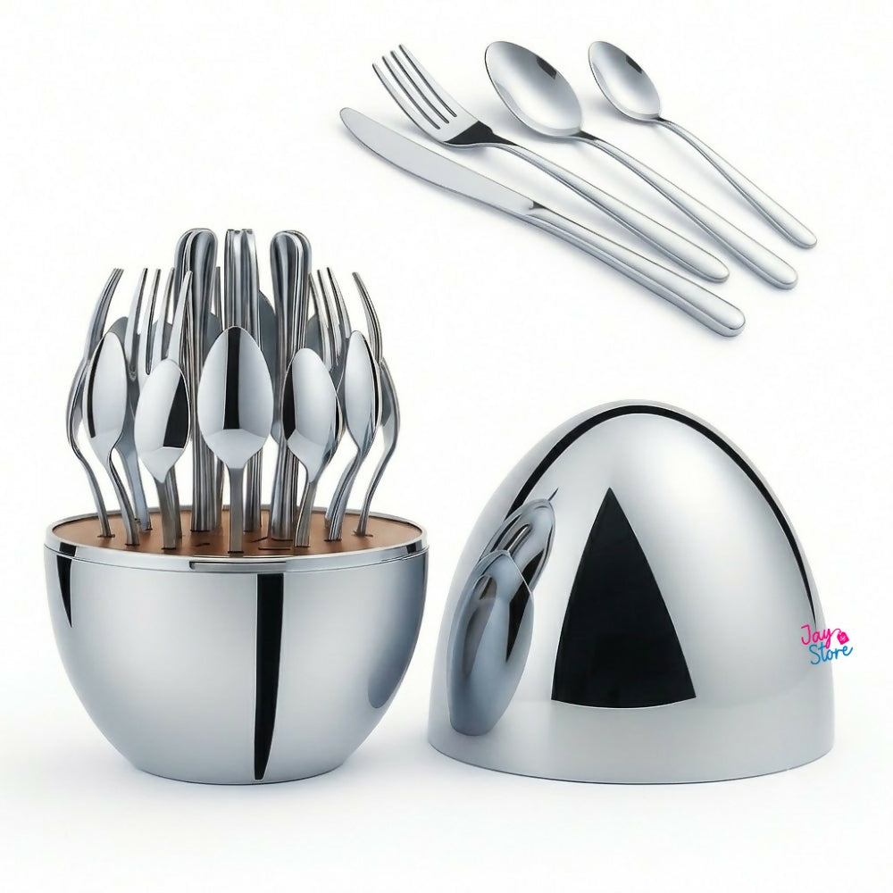 Cubiertos Set 24 Piezas Acero Inoxidable Estuche Huevo Gold
