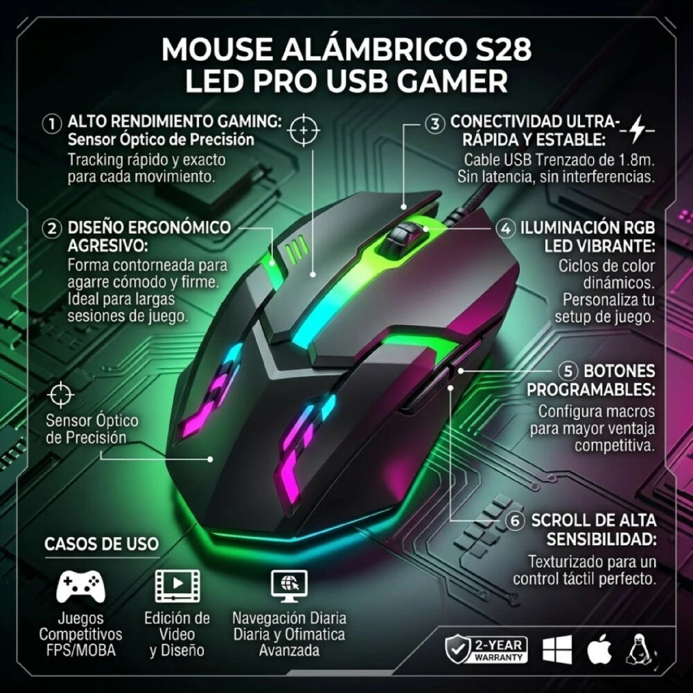 Mouse Alámbrico S28 LED Pro USB Estética Gamer