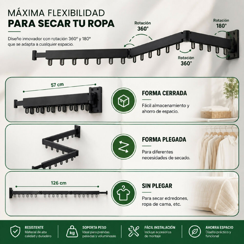 Colgador De Ropa Plegable Aluminio Negro Para Hogar Y Lavanderia Tendedero