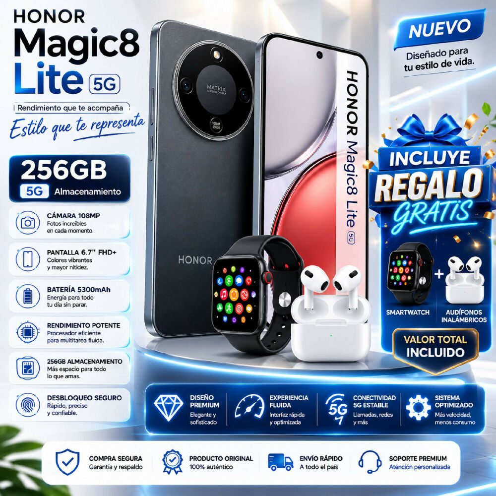 Honor Magic 8 Lite 5g 256gb Negro + Regalo Smartwatch Y Audífonos Bluetooth