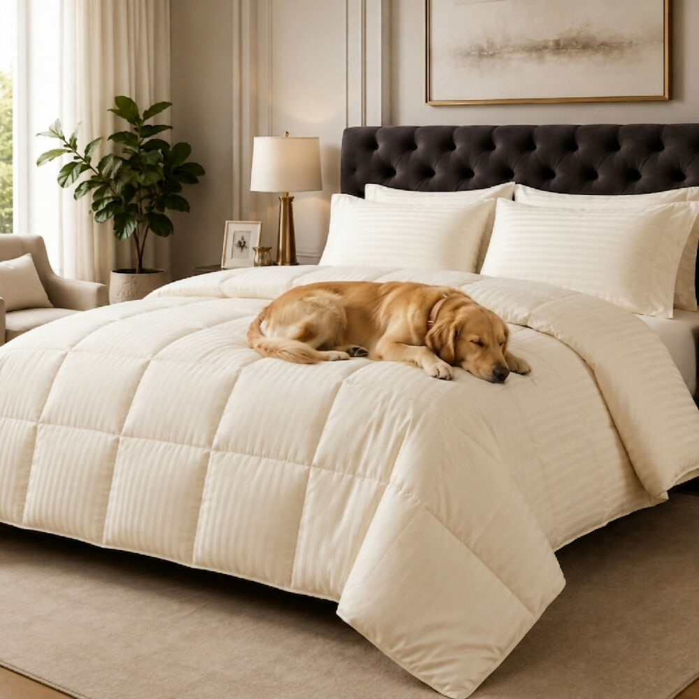 Plumón Tipo Hotel Raya Satinada Beige 300 g con Fundas de Almohada Cama Doble Mindy