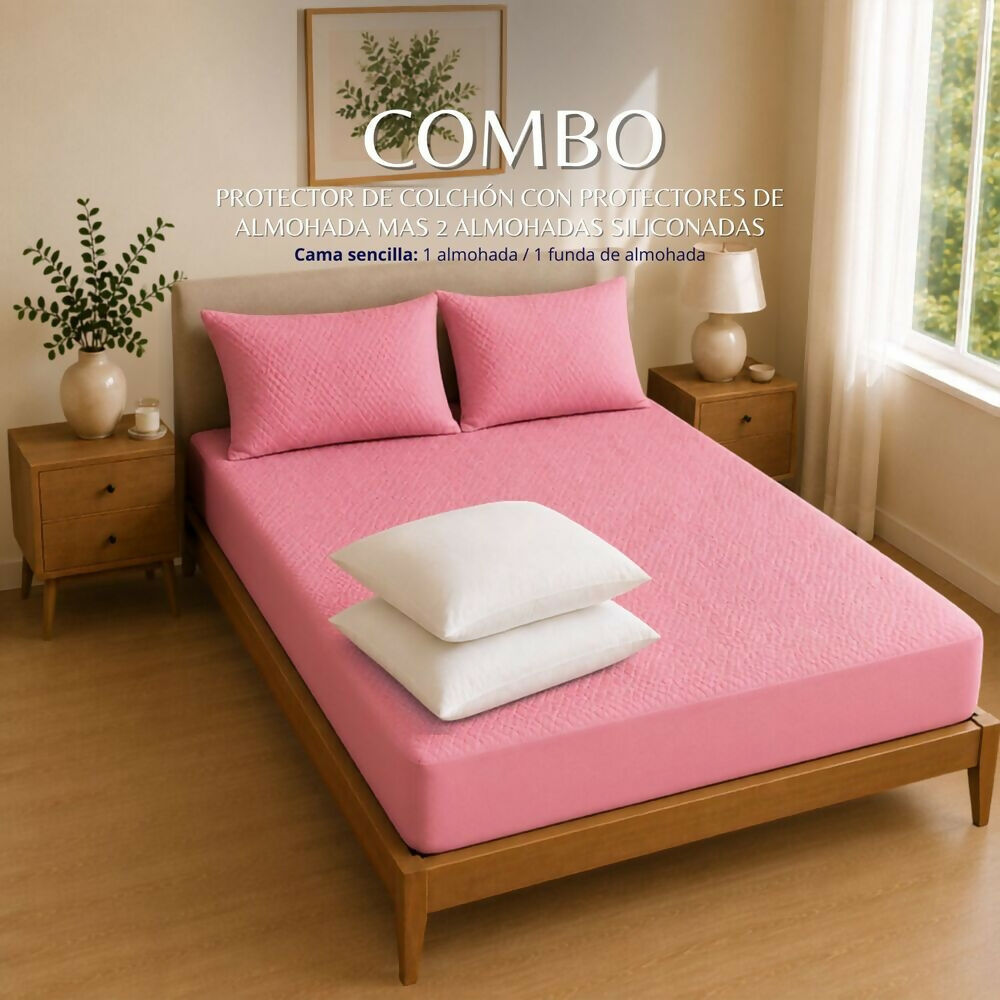 Combo protector colchon + 2 almohadas siliconadas semidoble rosado
