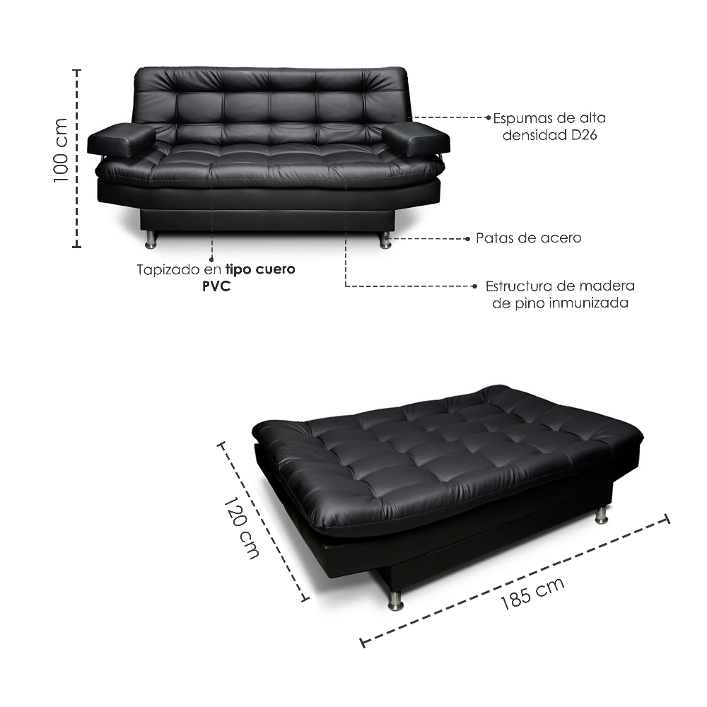 Sofa cama 3 Posiciones Carvallo Clic Clac Tipo Cuero Negro