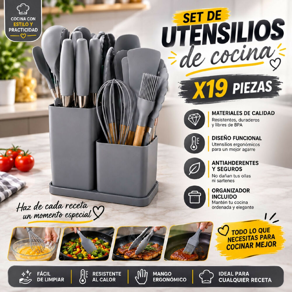 Set De Utensilios Y Cuchillos De 19 Piezas Silicona Antiadherente Y Acero Inoxidable Gris