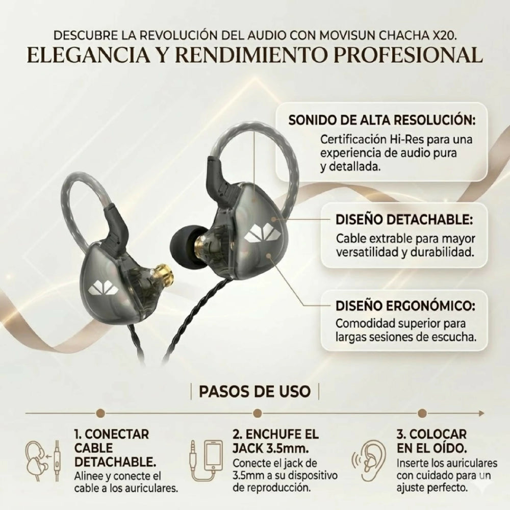 Audífonos Movisun Super X20 Intrauditivos Con Cable Extraíble Sonido Hi-Fi De Alta Resolución
