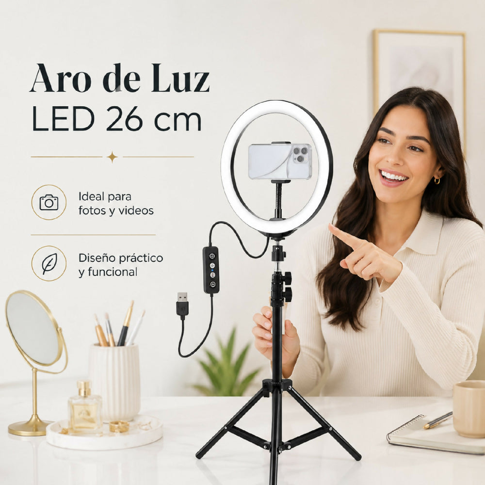 Aro De Luz Selfie De 26Cm Alimentación USB Con Soporte Ajustable Para Teléfono