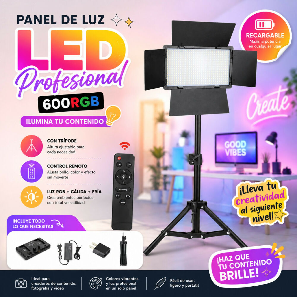 Panel De Luz LED Profesional Recargable 600RGB