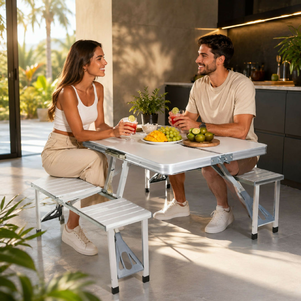 Mesa Plegable Con Cuatro Sillas Metálicas Set Completo LTZ01
