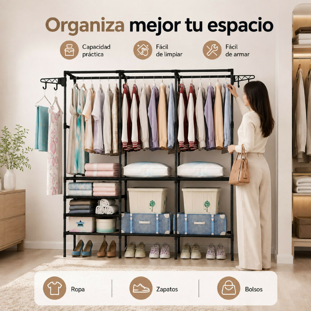 Closet Organizador De Tubos 3 Cuerpos Armable Para Ropa Armario Con Perchero