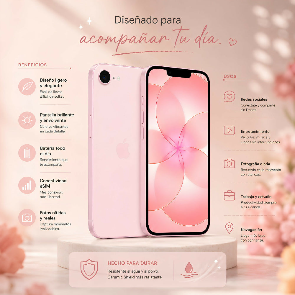 Celular Apple IPhone 17e 256gb ESim + Obsequio Lámpara Corazón 3D MagSafe Y Vidrio Palo Rosa