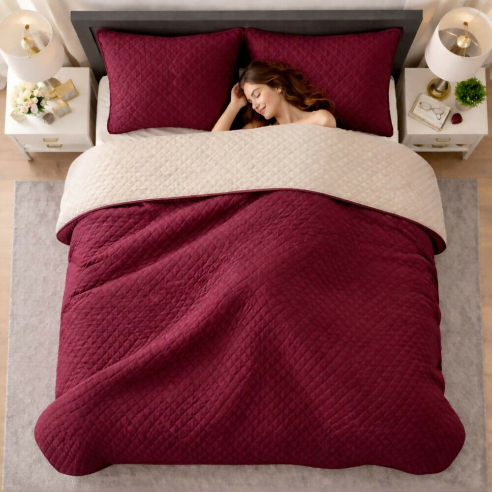 Colcha sencilla doble faz vino tinto camel