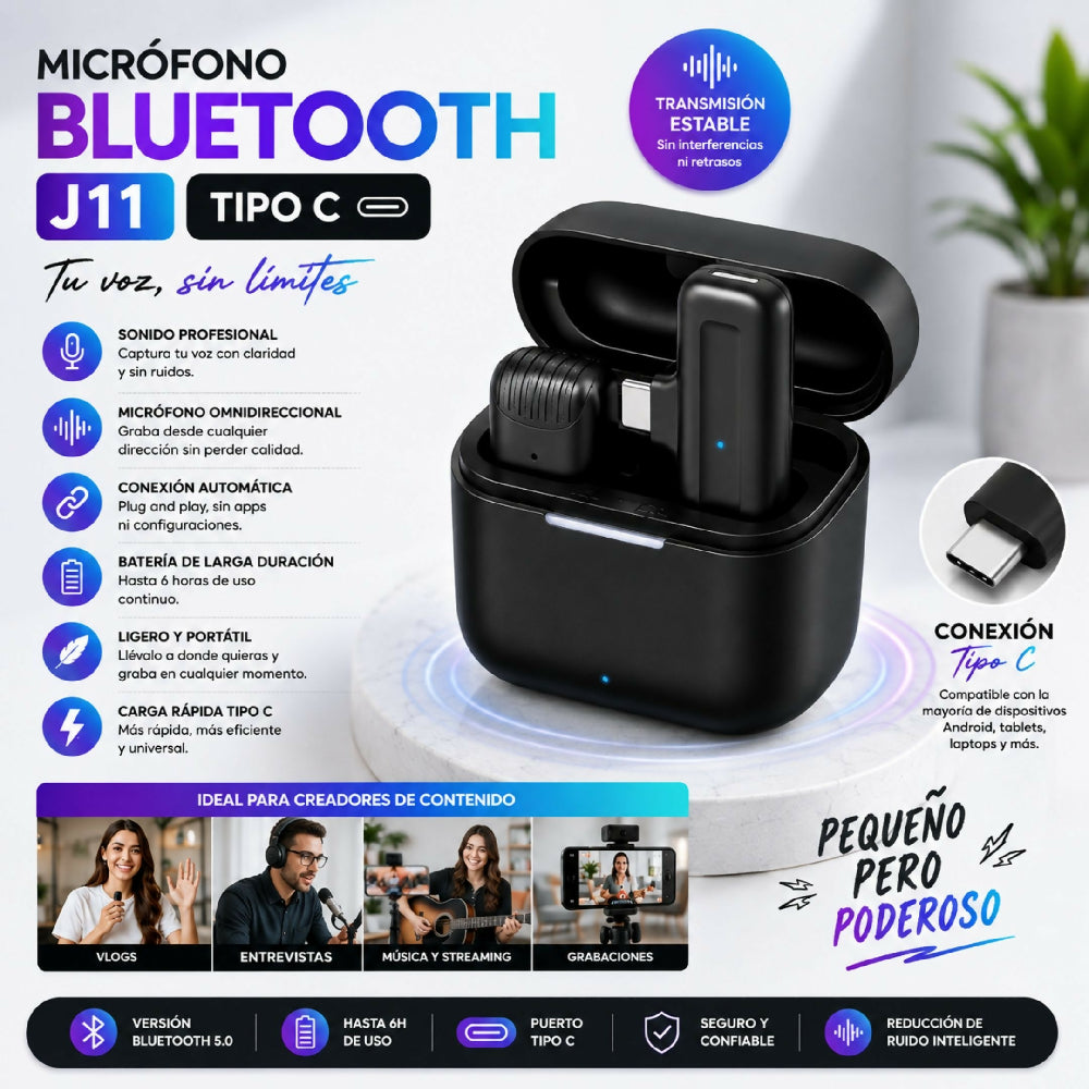 Micrófono Bluetooth J11 Tipo C Captación Claro De Voz Para Vlogs Y Redes Sociales