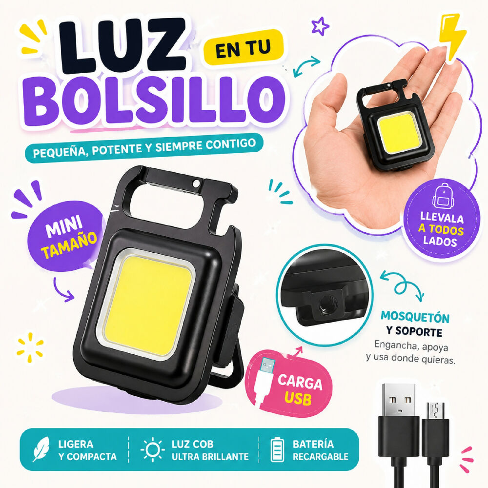 Mini Linterna LED Recargable Tipo Llavero Y Gancho Para Camping