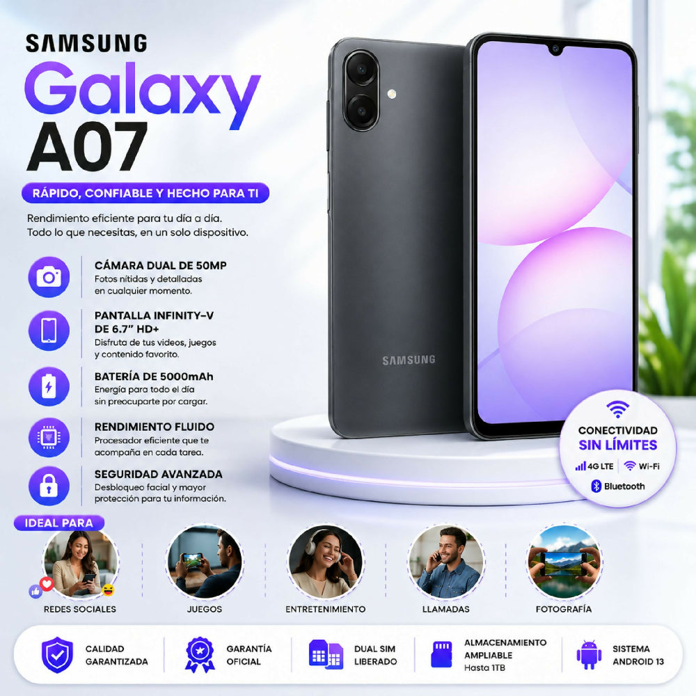 Celular Samsung Galaxy A07 128GB Almacenamiento 6GB RAM Smartphone Negro