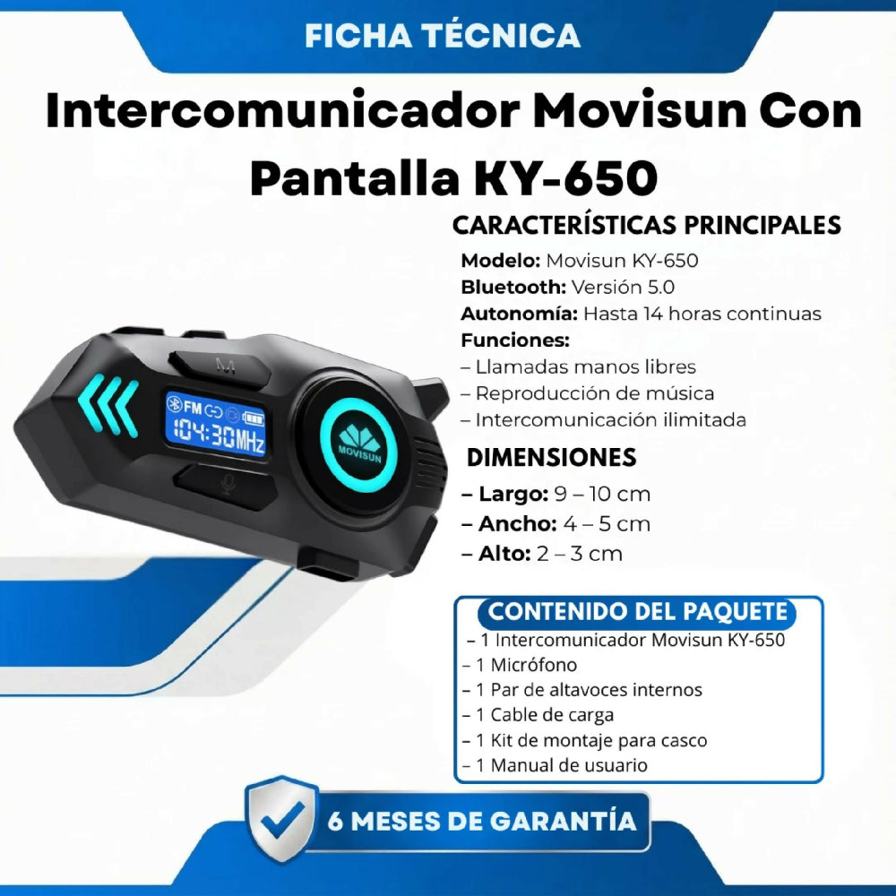 Intercomunicador Movisun Con Pantalla KY-650 Y Bluetooth Para Casco