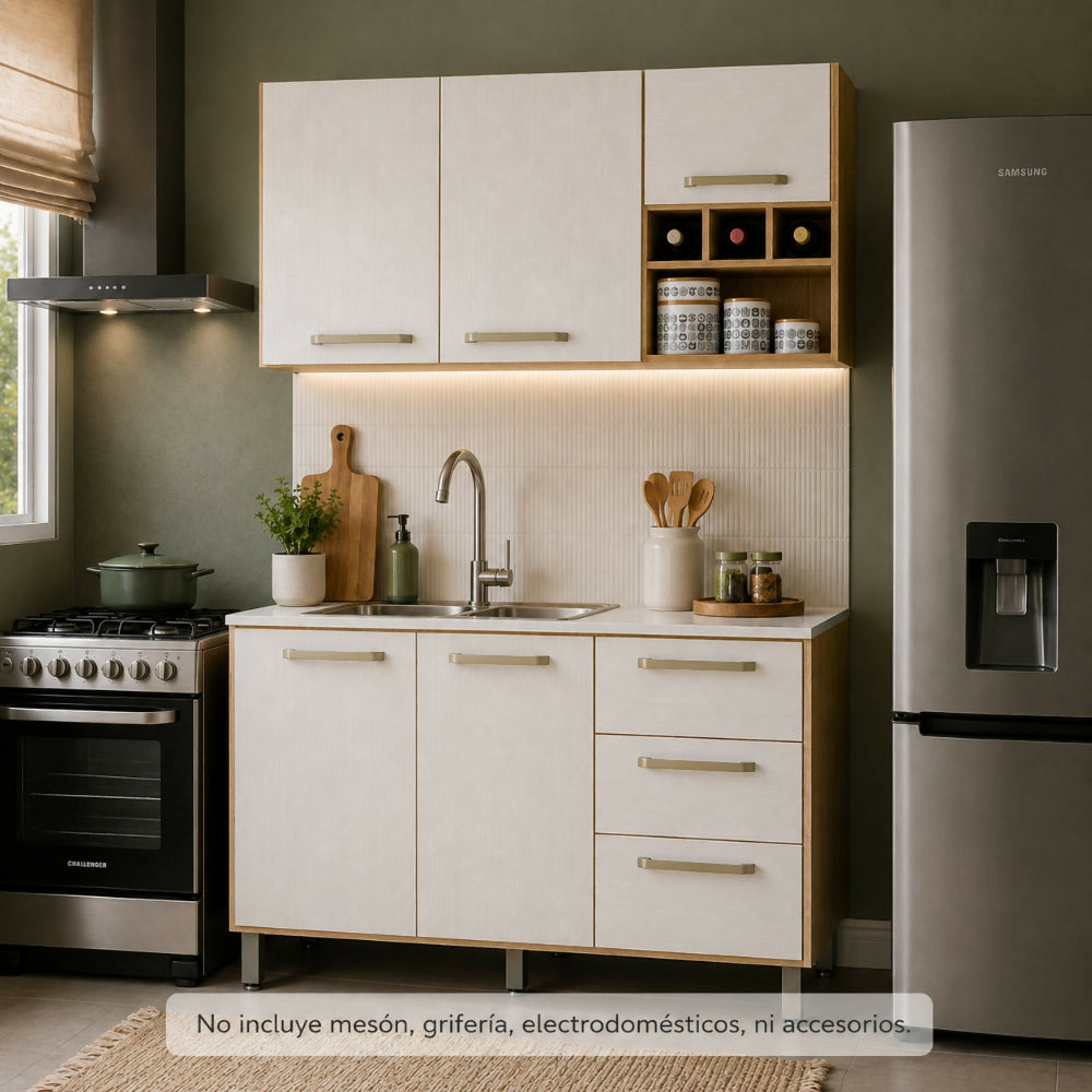 Cocina 120cm Lirio 6 puertas 2 cajones - Natural/blanco