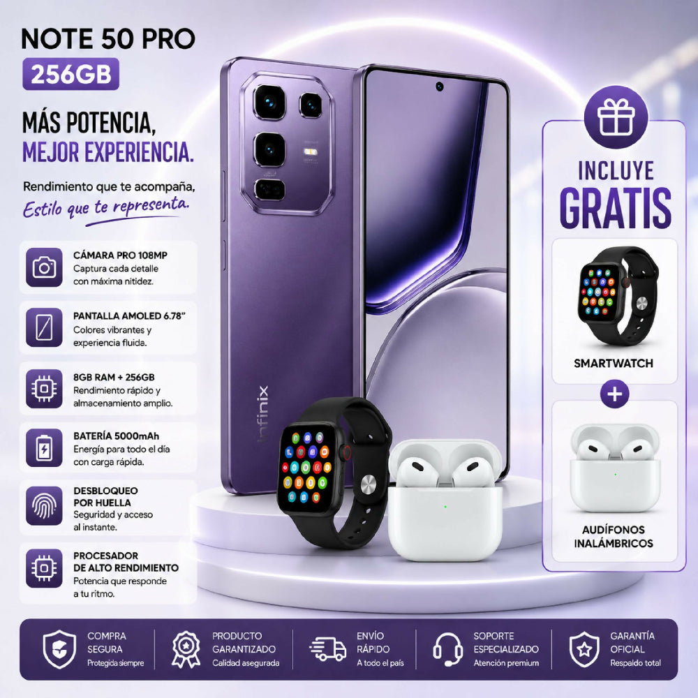 Smartphone Infinix Note 50 Pro 256GB Libre Morado + 2 Regalos Incluidos