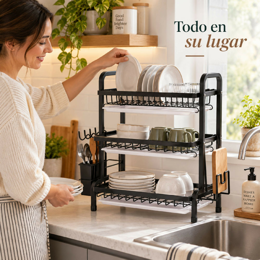Platero Escurridor Estante Organizador De 3 Niveles Alta Capacidad Y Ahorro De Espacio