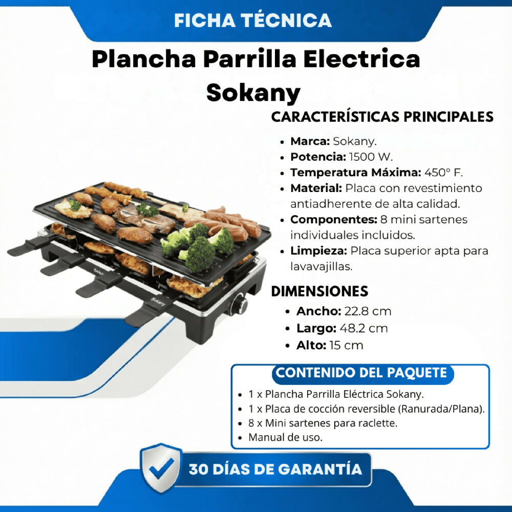 Plancha Parrilla Eléctrica Sokany Antiadherente De Alta Potencia 1500W