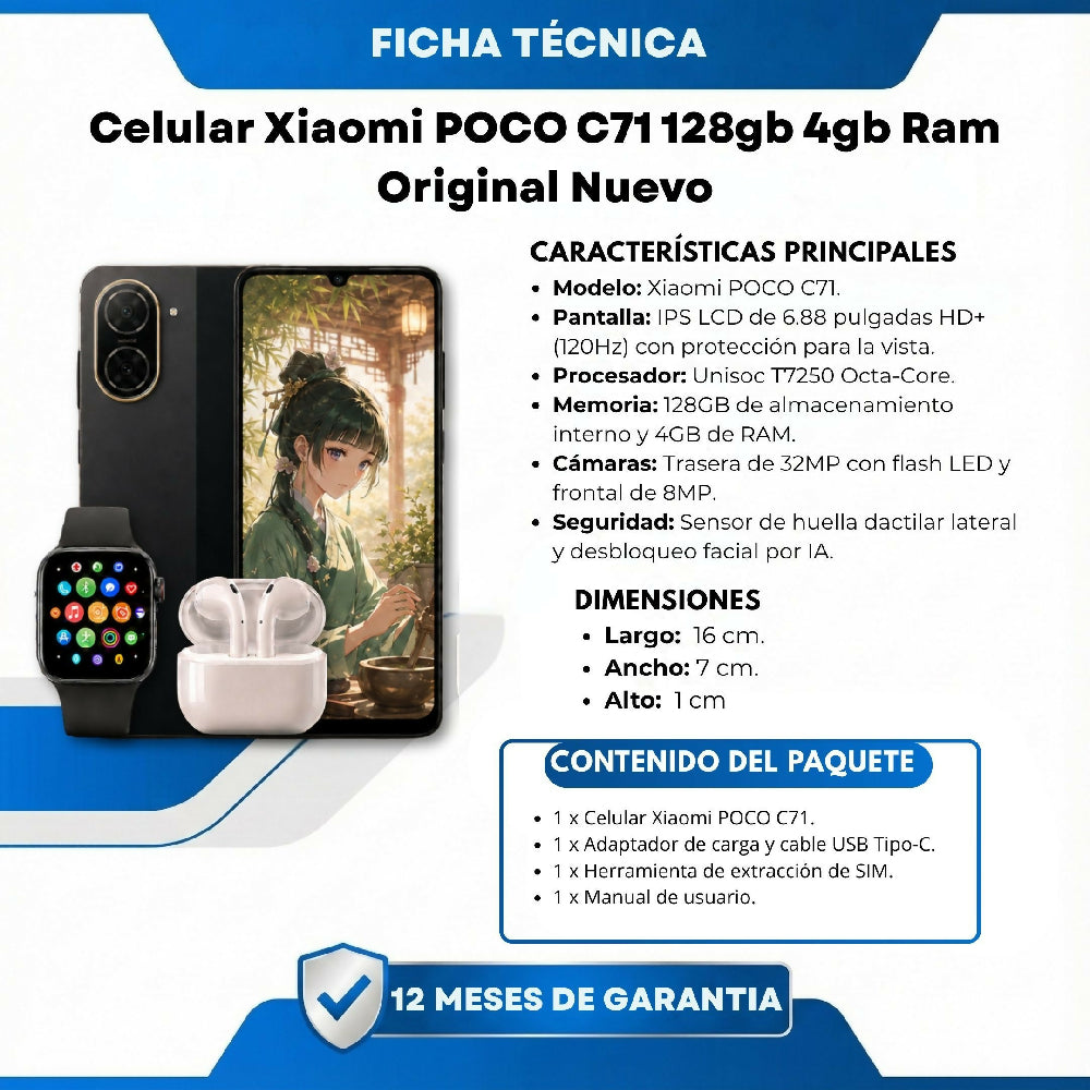Celular Xiaomi POCO C71 128gb 4gb Ram + Obsequio Incluido Negro
