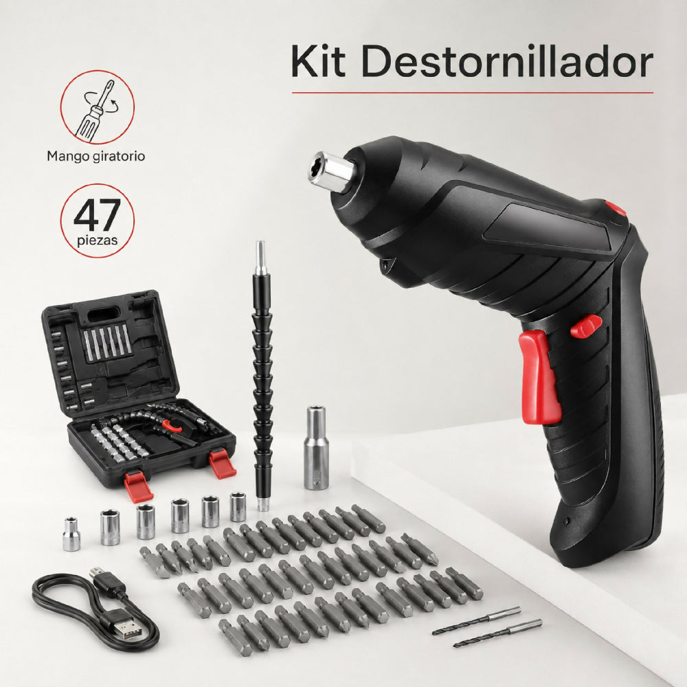 Kit Destornillador Eléctrico Multifuncional 47 Piezas Mango Giratorio