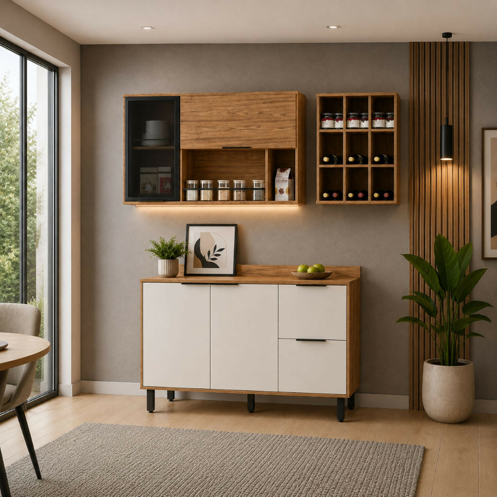 Cocina 180 cm Ibiza 3 Puertas 2 Cajones - Natural/Blanco Apagado